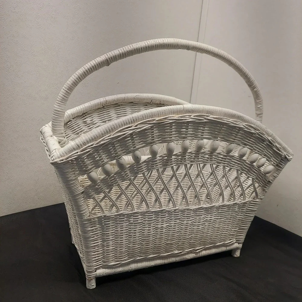 Vintage White Wicker Magazine Rack Basket with Handle Shabby Chic Decor